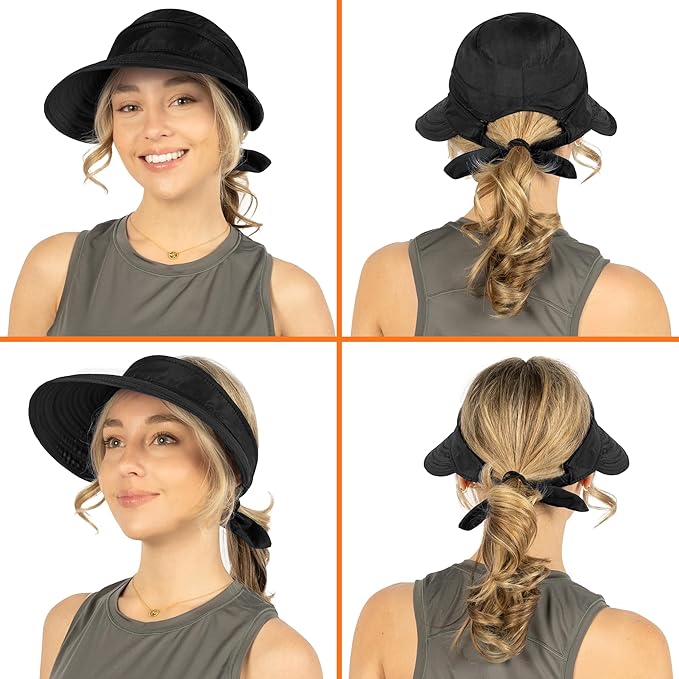 SUN CUBE Women Sun Hat for Outdoor UV Protection, Wide Brim Sun Hat Ponytail, Convertible Zip-Off Beach Hat Visor