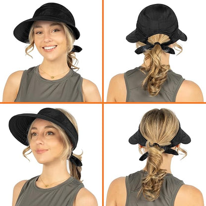 SUN CUBE Women Sun Hat for Outdoor UV Protection, Wide Brim Sun Hat Ponytail, Convertible Zip-Off Beach Hat Visor