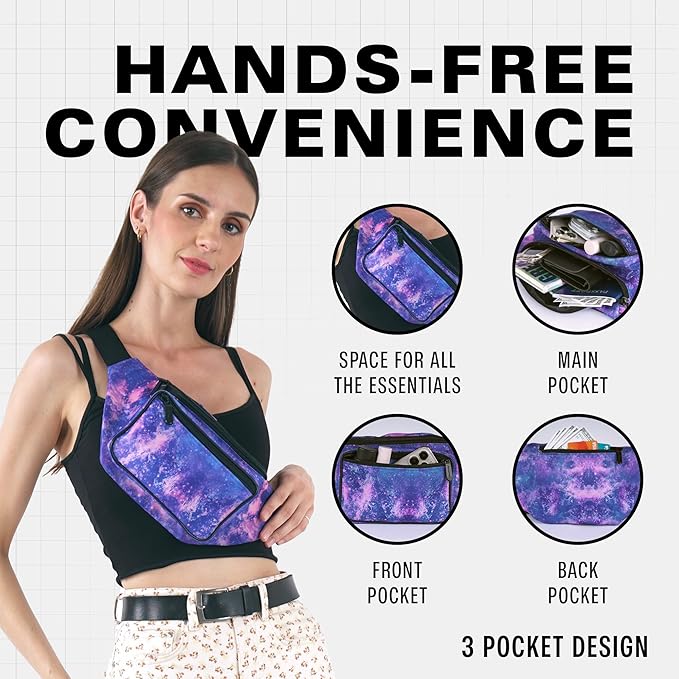 Fanny Pack Belt bag - Crossbody Waist Bag for Men or Women - Hands-Free, Waterproof Large Bumbag for Hiking, Running, and Travel (Galaxy Outer Space)