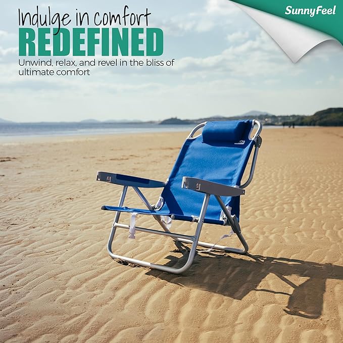 SUNNYFEEL Extra Wide Low Beach Chair 2 Pack 5 Position Lay, XL Oversized Portable Folding Camping Chairs with Cup Holder for Outdoor/Sand, Foldable Backpack Beach Chair for Adults Heavy Duty 500 LBS