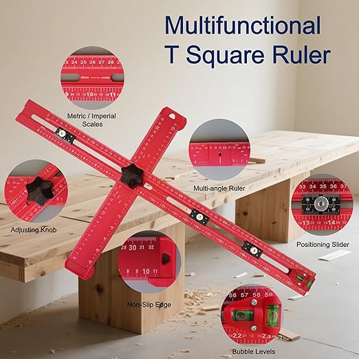 5-in-1 T Square Ruler 24 Inch, Multifunctional Drilling Positioning Ruler for Precision Hole Punching, Cabinet Hardware Jig, Adjustable Angle Ruler for Angle Measurement, Metric & Imperial
