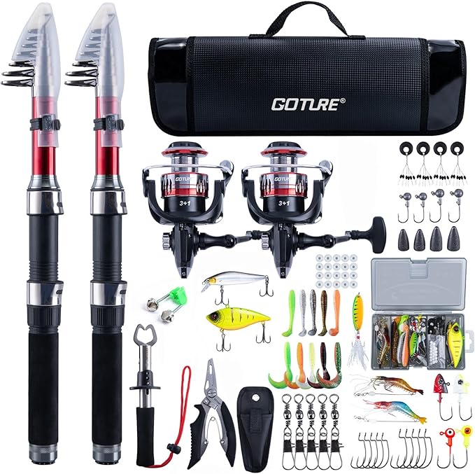 Goture Fishing Rod and Reel Combos-2PCS Telescopic Fishing Pole+2PCS Pre-Loaded Spinning Reels with Carrier Bag,1.8M-2.7M Telescopic Rod Reel Kit for Starter Travel Saltwater Freshwater,Gifts for Men