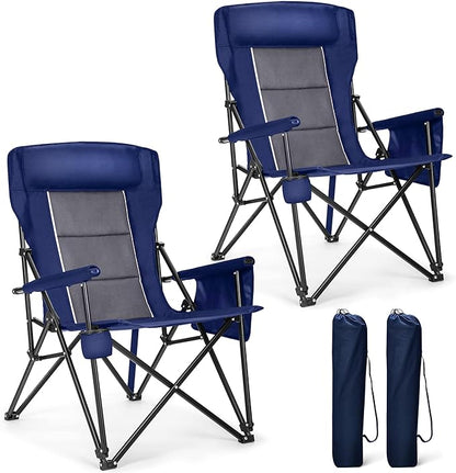 ALPHA CAMP Oversized Folding Camping Chairs High Backrest Heavy Duty Lawn Chairs for Adults Support 500 LBS Portable Camp Chairs with Cup Holders Large Side Pocket Outdoor Chair 2 Pack