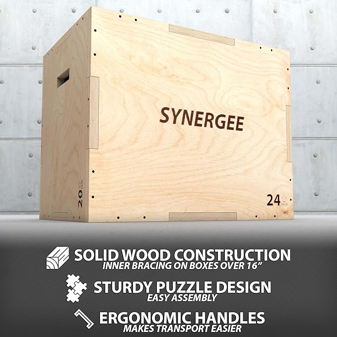 Synergee 3 in 1 Wood Plyometric Box for Jump Training and Conditioning. All in One Jump Trainer. Sizes 30/24/20, 24/20/16, 20/18/16, 16/14/12