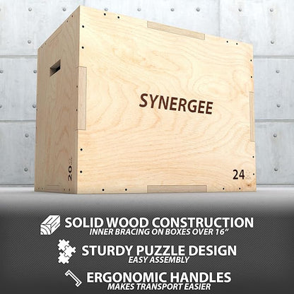 Synergee 3 in 1 Wood Plyometric Box for Jump Training and Conditioning. All in One Jump Trainer. Sizes 30/24/20, 24/20/16, 20/18/16, 16/14/12