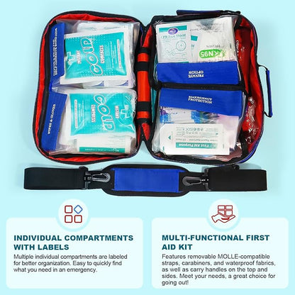 Professional 435 Pieces Large First Aid Kit - Includes Compressed Gauze - Compartments Emergency Medical Kit for Home, Camping, Backpacking, Travel, Boat, Car,Outdoors (Blue)