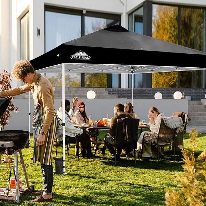 EAGLE PEAK Pop Up Canopy Tent with Wheeled Carry Bag, 8 Stakes, 4 Ropes, 4 Weight Bags, Easy Set Up Tent Canopy, 12x12 ft, 144sqft of Shade, Black