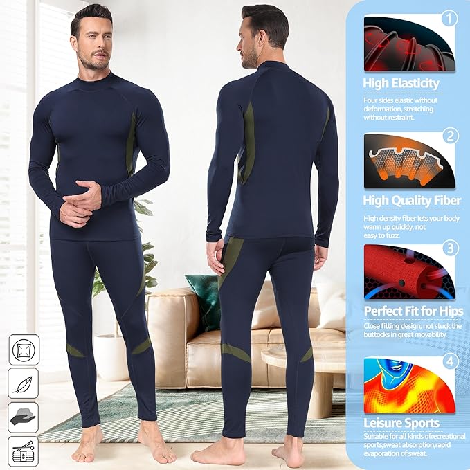 UNIQUEBELLA Men's Thermal Underwear Sets Top & Long Johns Fleece Sweat Quick Drying Thermo Base Layer