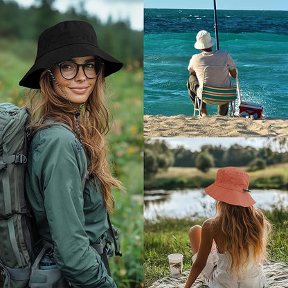 PFFY Quick Dry Waterproof Packable Bucket Hat for Women Men Outdoor Sun Hats with Detachable Chin Strap