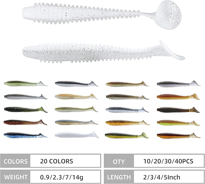 RUNCL Swimbaits Paddle 10/20/30/40PCS, 5/4/3/2 Inchs Paddle Tail, Soft Lure for Trout Crappie Bass, Durable Plastic Bait Swimmer for Saltwater/Freshwater, Fishing Lover's Gift