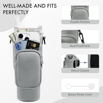 Water Bottle Carrier Bag with Phone Pocket for Stanley Cup 40/30 oz, Water Bottle Holder with Adjustable Strap& Straw Cover, Stanley Cup Accessories