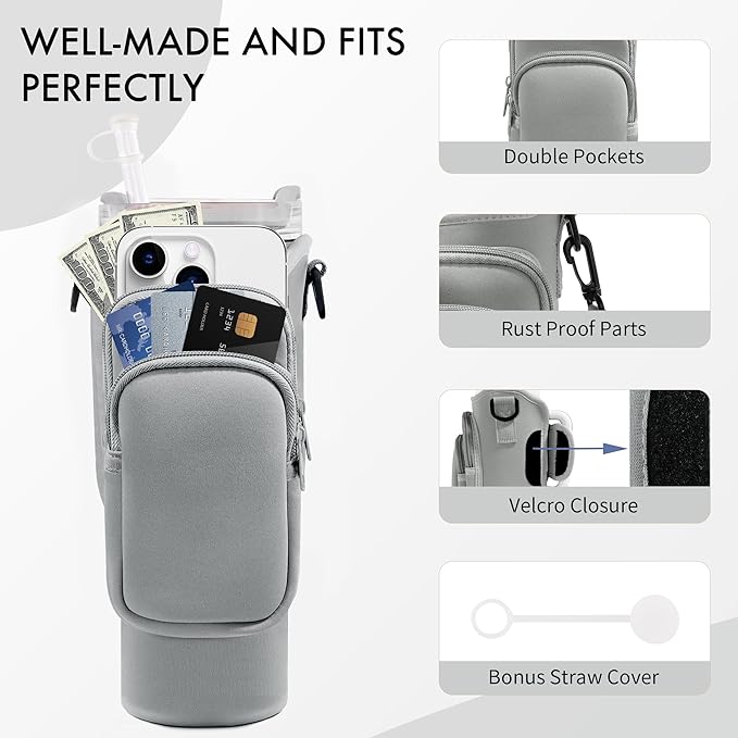 Water Bottle Carrier Bag with Phone Pocket for Stanley Cup 40/30 oz, Water Bottle Holder with Adjustable Strap& Straw Cover, Stanley Cup Accessories