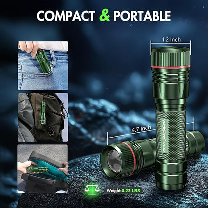 WdtPro Rechargeable Flashlights High Lumens, 2 Pack 10H Long Lasting Super Bright EDC Flashlight, LED Mini Tactical Flash Lights for Camping Emergency, Drop & Water Resistant Green(Battery Included)