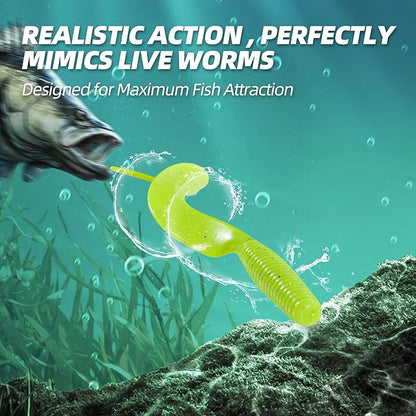Curly Style Tail Worms Fishing Lures – Realistic Wavy Tail Soft Bait Grub Swimbaits for Saltwater & Freshwater Fishing, Available in 4 Inch & 6 Inch, Perfect for Bass, Trout, Crappie, & More
