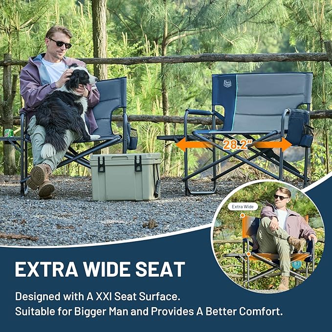 Timber Ridge XXL Director’s Chair – Heavy Duty Folding Chair with Side Table, 500 lb Capacity, Extra Wide Padded Seat for Camping, Sports, Beach, Patio, and Outdoor Use, Blue