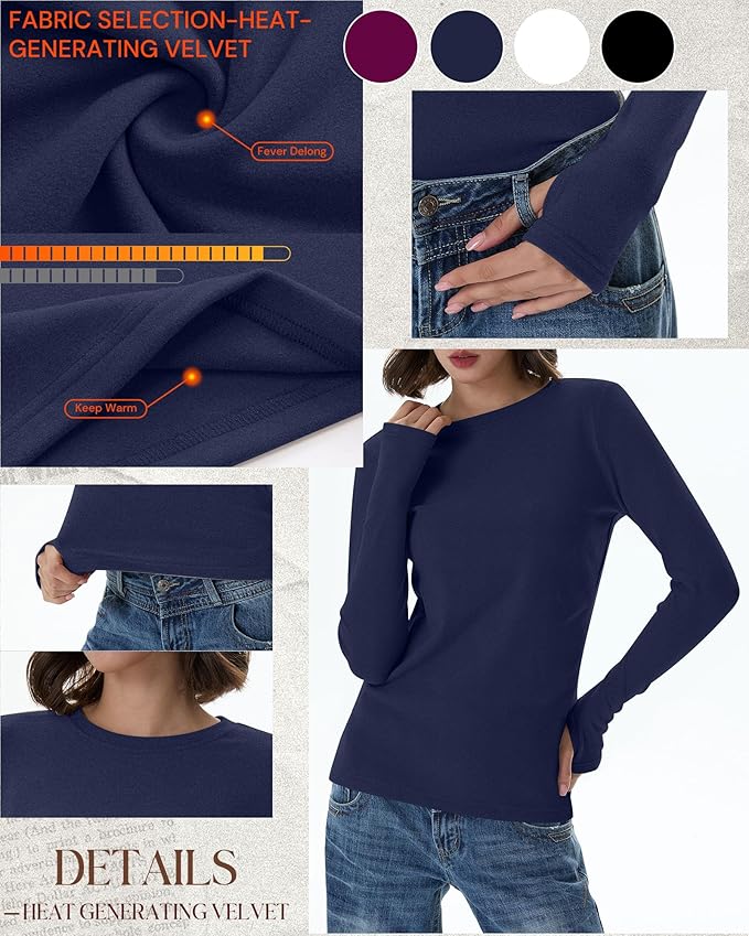Neer 4 Pack Women's Fleece Thermal Long Sleeve Shirts, Thumb Holes Crew Neck Slim Fit Tops Warm Workout Basic Undershirt