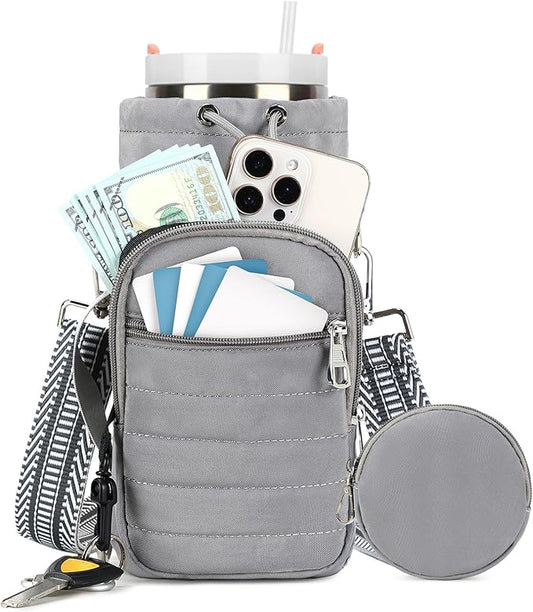 Water Bottle Carrier Bag with Strap, Sling Bag for Walking, Hiking, Cycling, Black, 40 Ounces