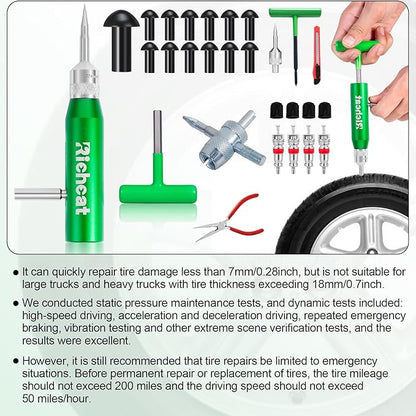Richcat Tubeless Tire Puncture Repair Kit with Mushroom Plug, Repairs punctures and Flat Tires for Motorcycles, Cars, Trucks, ATVs and Tractors
