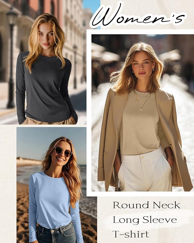 Huukeay 5 Pack Women's Crew Neck Long Sleeve Shirts, Cotton Blend Casual Clothes Workout Basic Layering Tee Tops Multipack