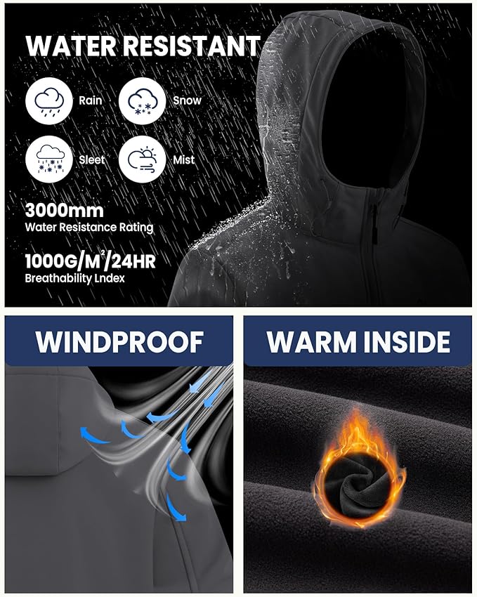 WULFUL Men's Lightweight Softshell Jacket Warm Fleece Lined Windbreaker Waterproof Soft Shell for Outdoor Hiking