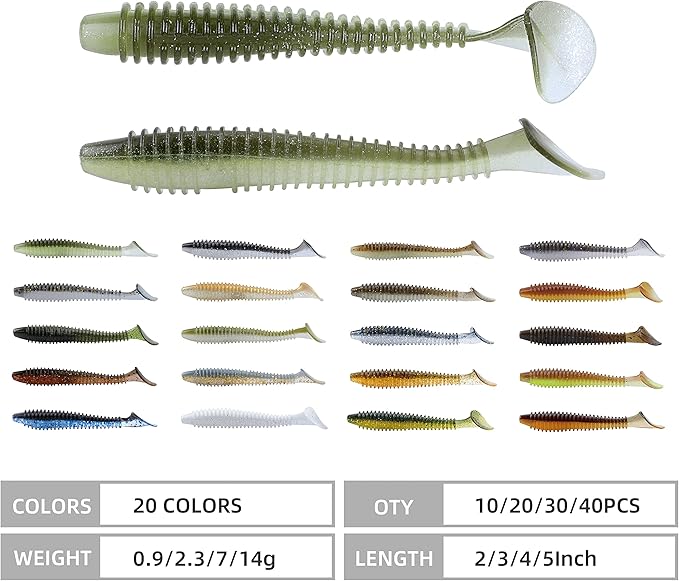 RUNCL Swimbaits Paddle 10/20/30/40PCS, 5/4/3/2 Inchs Paddle Tail, Soft Lure for Trout Crappie Bass, Durable Plastic Bait Swimmer for Saltwater/Freshwater, Fishing Lover's Gift