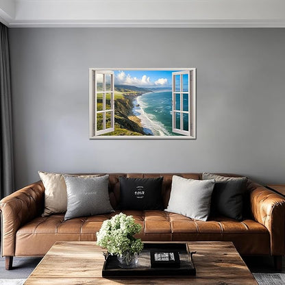 ANRUOXI Beach Window Canvas Wall Art, Enclosed Bedroom Living Room Ocean Coastal Channel Scene Picture, Tropical Sea Landscape Painting Print Artwork Horizontal Seascape Artwork for Bedroom 28x40 Inch