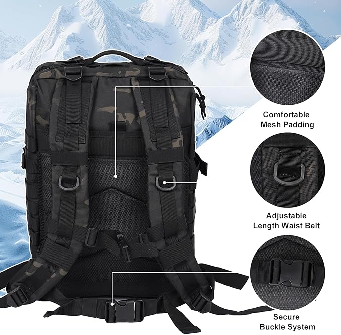 50L Large Military Tactical Backpack Molle Army Assault Pack for Travel Camping Hiking Fishing Backpack for men (black camo)