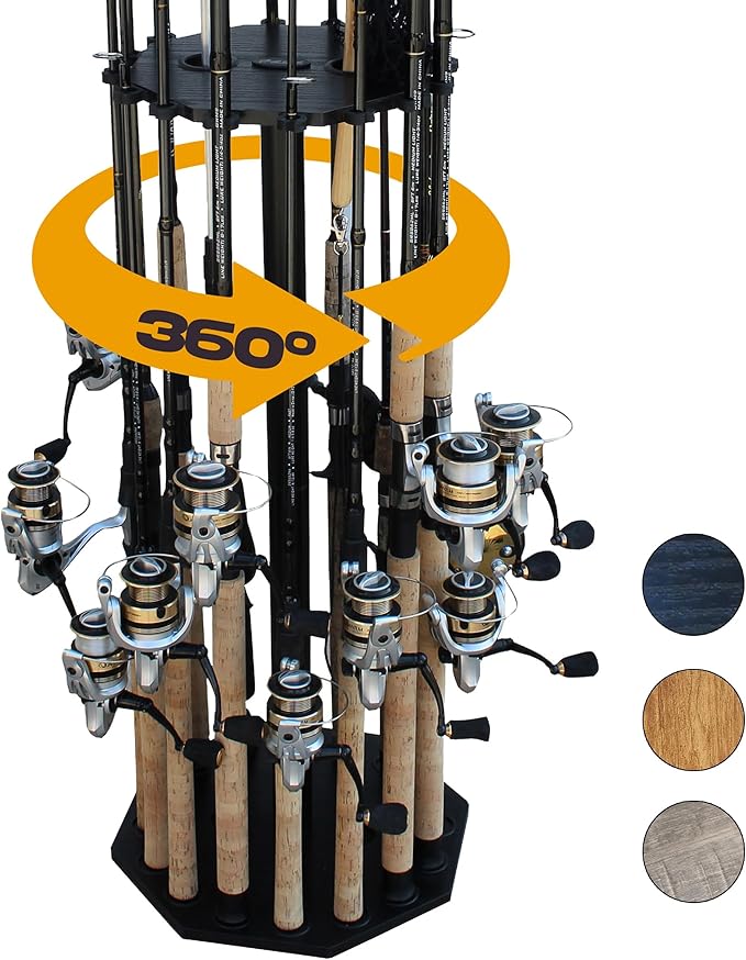 Rush Creek Creations 16-Rod Round Fishing Rod Holder for Garage, 360° Access Fishing Pole Holder for Fishing Rods, Reels, Gear, and Accessories, Securely Holds 16 Rods, Black