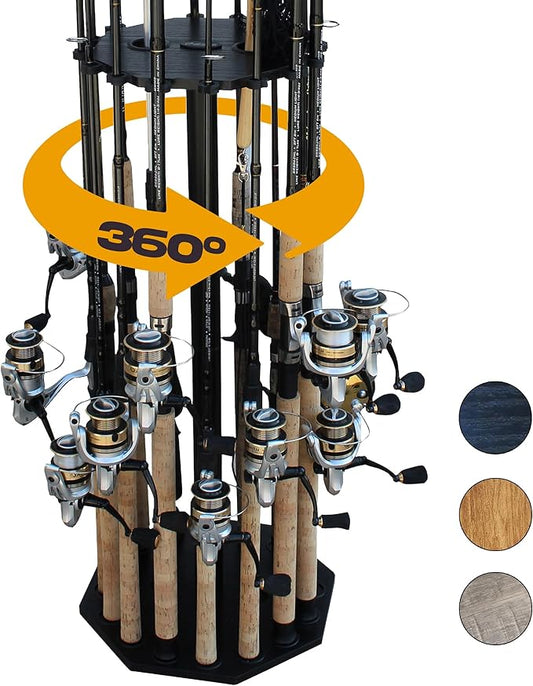 Rush Creek Creations 16-Rod Round Fishing Rod Holder for Garage, 360° Access Fishing Pole Holder for Fishing Rods, Reels, Gear, and Accessories, Securely Holds 16 Rods, Black