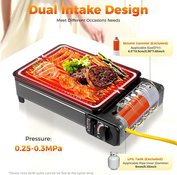Portable Butane Stove -2 in 1 Compact Gas Grill Stove with Detachable Grate + Carry Case | Dual Fuel Tabletop BBQ for Camping, Korean BBQ, Tailgating | Fast Stainless Steel Outdoor Cooker