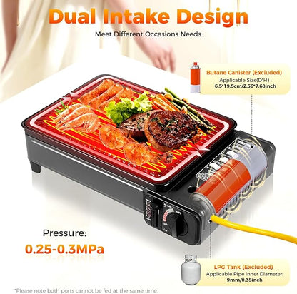 Portable Butane Stove -2 in 1 Compact Gas Grill Stove with Detachable Grate + Carry Case | Dual Fuel Tabletop BBQ for Camping, Korean BBQ, Tailgating | Fast Stainless Steel Outdoor Cooker