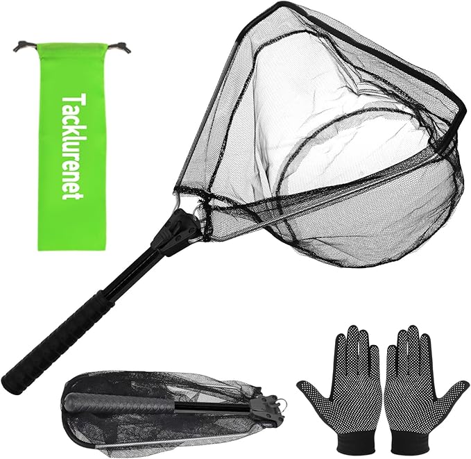 Folding Kayak Fishing Net with Aluminum Alloy Frame Rubber-Coated Nylon Net for Small Fishing Net Fishing Landing Net for Non-Slip Gloves Storage Bag