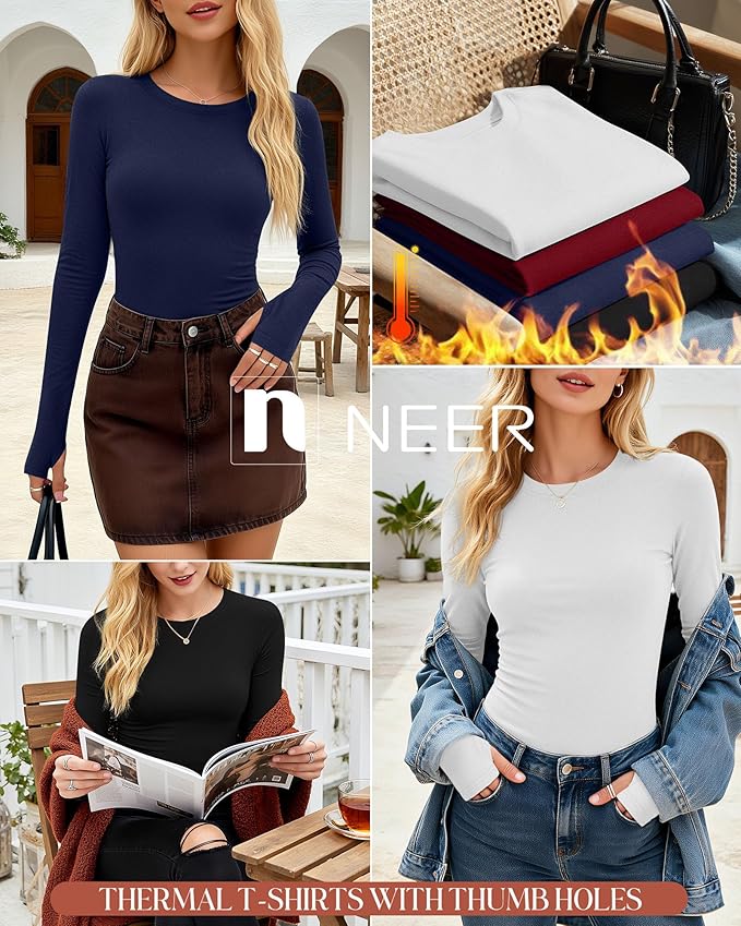 Neer 4 Pack Women's Fleece Thermal Long Sleeve Shirts, Thumb Holes Crew Neck Slim Fit Tops Warm Workout Basic Undershirt