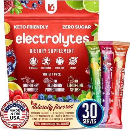 Keppi Electrolytes Powder Packets Assorted Flavors 30 Servings – No Sugar Hydration Supplement with Potassium, Magnesium, Sodium – Keto, Vegan, Fasting-Friendly, Zero Calorie Hydration Packets