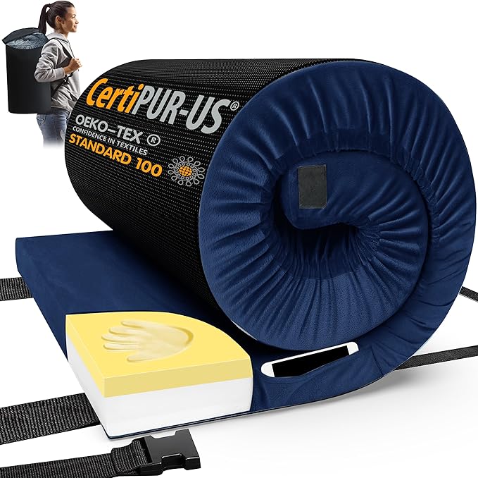 CYMULA Memory Foam Camping Mattress Pad, CertiPUR-US Sleeping Mat, Portable Roll Up Mattress for Adults, Camping Bed Pads for Sleepover, Car Bed with Travel Bag