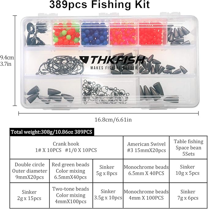 THKFISH Texas and Carolina Fishing Rig Bass Fishing Bullet-Weights for Fishing Sinkers Hooks Rolling Barrel Fishing Swivels Beads Rings Fishing Tackle Kit 35pcs/339pcs/389pcs