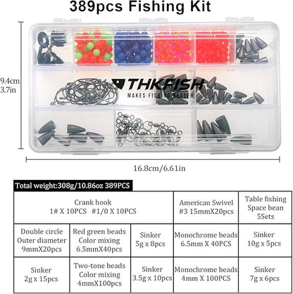 THKFISH Texas and Carolina Fishing Rig Bass Fishing Bullet-Weights for Fishing Sinkers Hooks Rolling Barrel Fishing Swivels Beads Rings Fishing Tackle Kit 35pcs/339pcs/389pcs