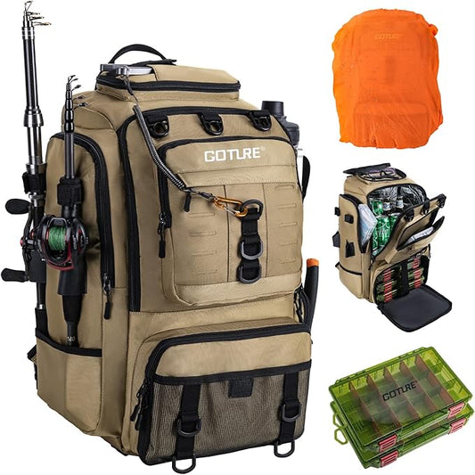 Goture 40L Fishing Tackle Backpack with Cooler and 2 3600 fishing tackle boxes, 900D Water-Resistant Tackle Backpack with Removable Bait Binder, 2 Rod Holders and Rain Cover,Khaki backpack