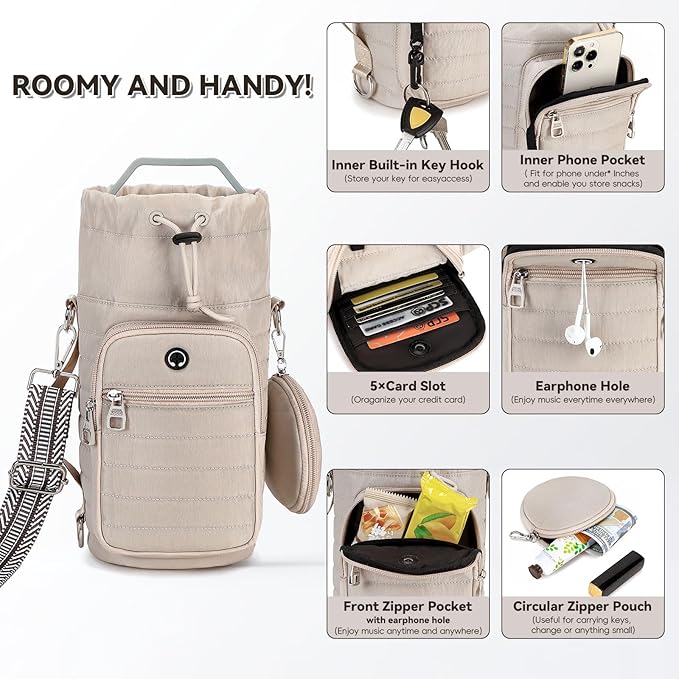 Water Bottle Carrier Bag with Strap, Sling Bag for Walking, Hiking, Cycling, Black, 40 Ounces