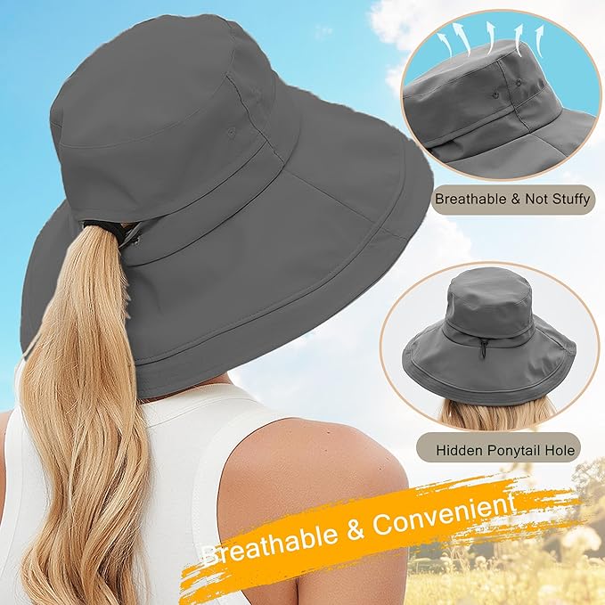 Sun Hats for Women Men UV Protection Wide Brim Bucket Hat with Ponytail Hole Waterproof Gardening Fold-Up Summer Cap