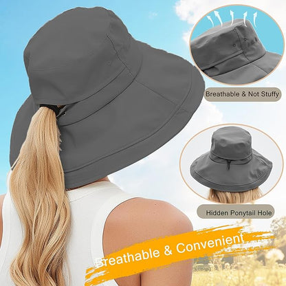 Sun Hats for Women Men UV Protection Wide Brim Bucket Hat with Ponytail Hole Waterproof Gardening Fold-Up Summer Cap