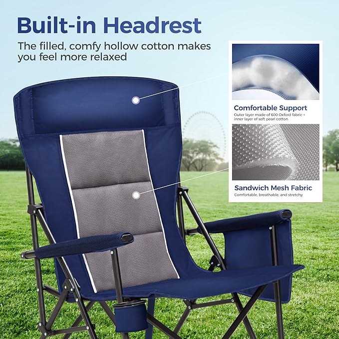ALPHA CAMP Heavy Duty High Back Camping Chairs with Cup Holder Oversized Folding Chair Outdoor Chair with Headrest,Lawn with Side Pocket for Lawn, Sports and Fishing, 500lbs