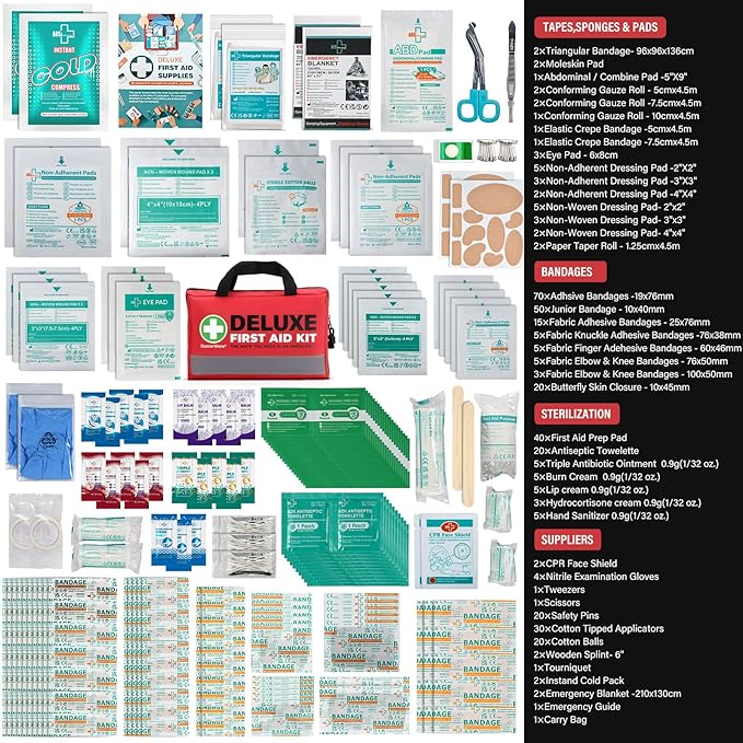 380 Pieces Deluxe First Aid Kit Compact Trauma Medical Kits with Assorted Bandages, Instant Cold Pack, Emergency Blanket for Home, Travel, Camping, Vehicle, Emergency Kits(Red)