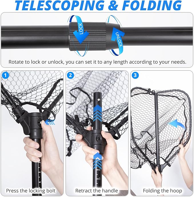 Long Fishing Net, Foldable Landing Net with Telescoping Handle, Rubber Netting, Lightweight & Strong, Length 56″-75″, Hoop Size 20″ x 19″, Depth 20″, 25 lbs. Capacity