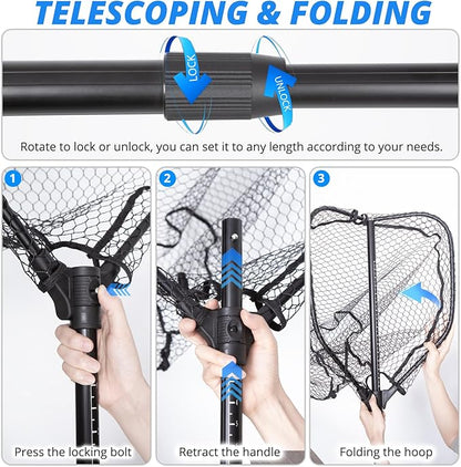 Long Fishing Net, Foldable Landing Net with Telescoping Handle, Rubber Netting, Lightweight & Strong, Length 56″-75″, Hoop Size 20″ x 19″, Depth 20″, 25 lbs. Capacity
