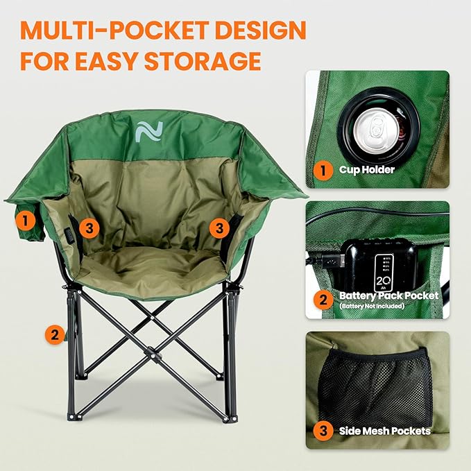 NAIZEA Heated Massage Camping Chairs,Heated Outdoor Chair w/3 Heating Mode, Oversized Heated Chair for Adults, Heavy Duty Folding Camping Chairs for Camp,Fishing, Sports Events,NOT Included Battery