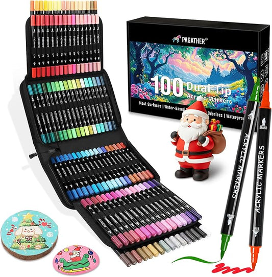 100 Colors Acrylic Paint Markers, Dual Tip with Fine Tip and Brush Tip Pens for Stone, Wood, Calligraphy, Canvas, Ceramic, Metal, Glass, Rock Painting, DIY Crafts Art Supplies Kit