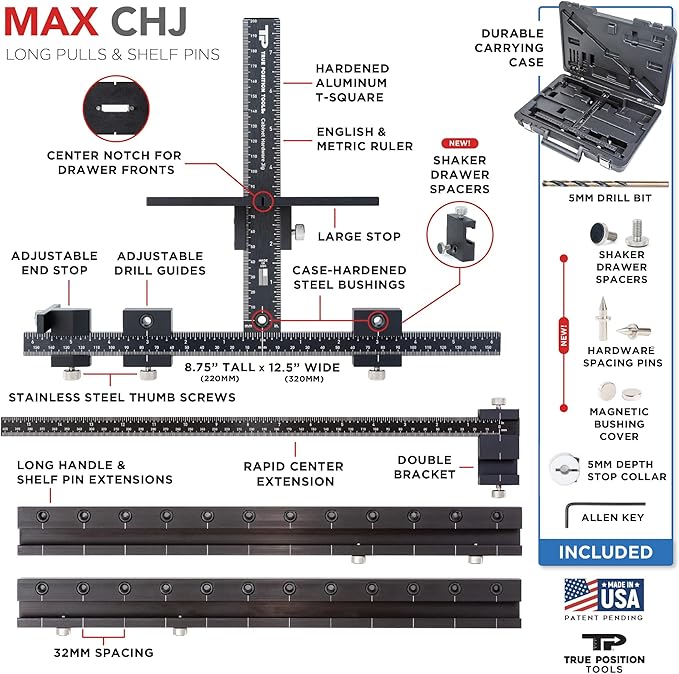 MAX Cabinet Hardware Jig - Install Long Pulls and Shelf Pin Holes - Made In USA - Hand Calibrated by True Position Tools