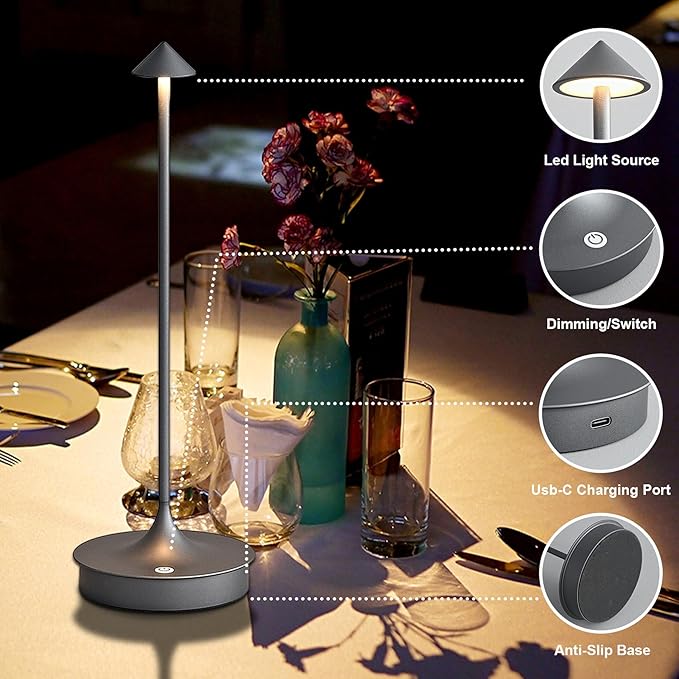 Cordless Table Lamp Rechargeable Led Desk Lamp Battery Operated Table Lamps Touch Dimmable Lamp Portable Outdoor Table Light for Restaurants and Bars Indoor/Outdoor Use (Grey - 2PC)