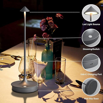 Cordless Table Lamp Rechargeable Led Desk Lamp Battery Operated Table Lamps Touch Dimmable Lamp Portable Outdoor Table Light for Restaurants and Bars Indoor/Outdoor Use (Grey - 2PC)